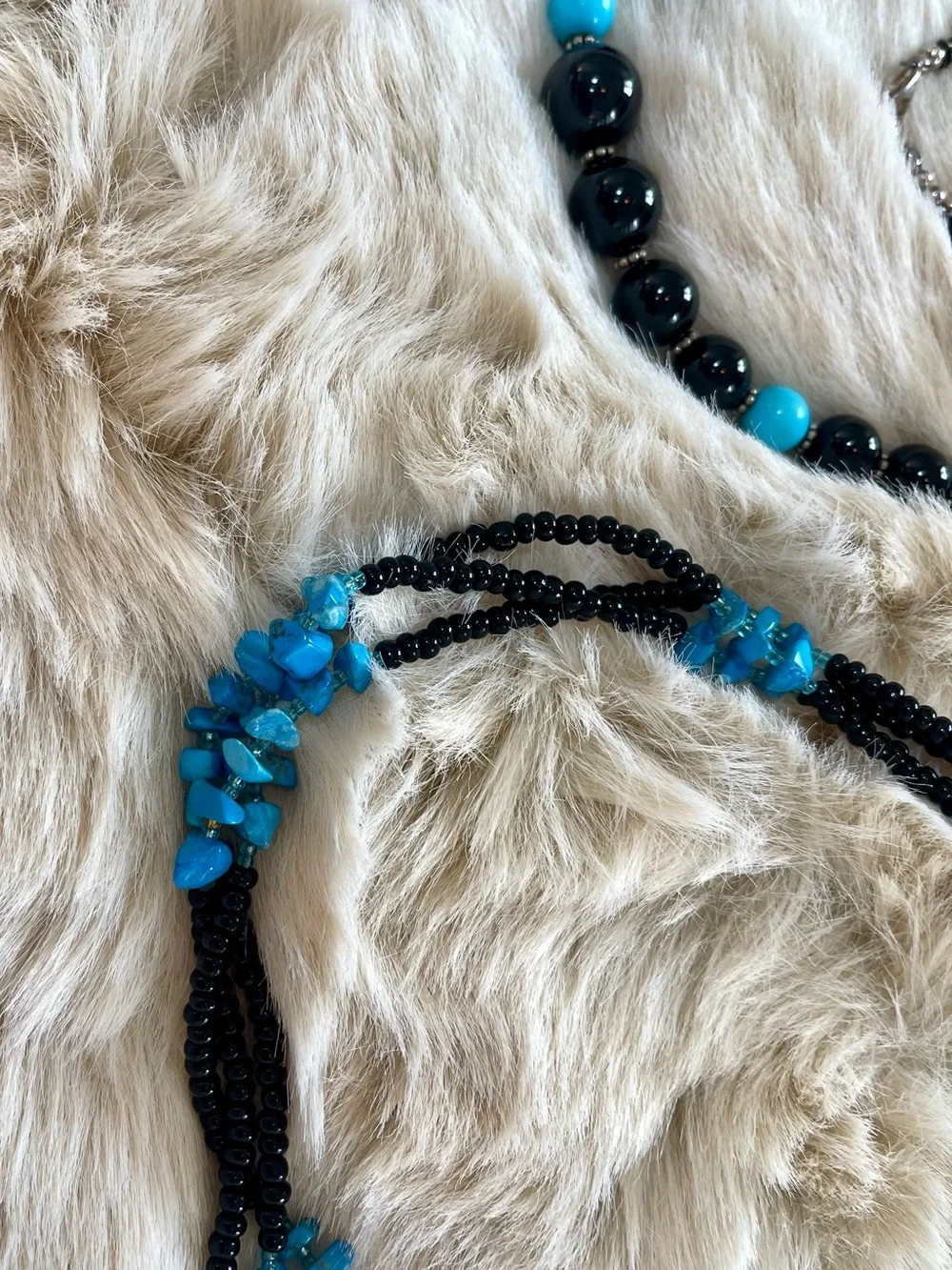 Two Turquoise and Black Beaded Necklaces and Matching Bracelet Set